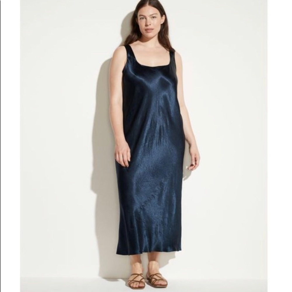 Vince Bias Sleeveless Midi in Coastal Blue Navy Satin Slip Dress